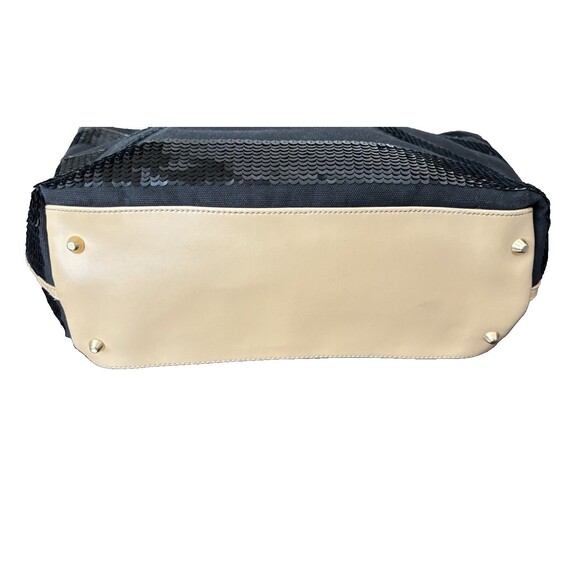 Iman Black Striped Sequined Tan Trimmed Gold Chain Shoulder Straps Tote Bag - Picture 11 of 15